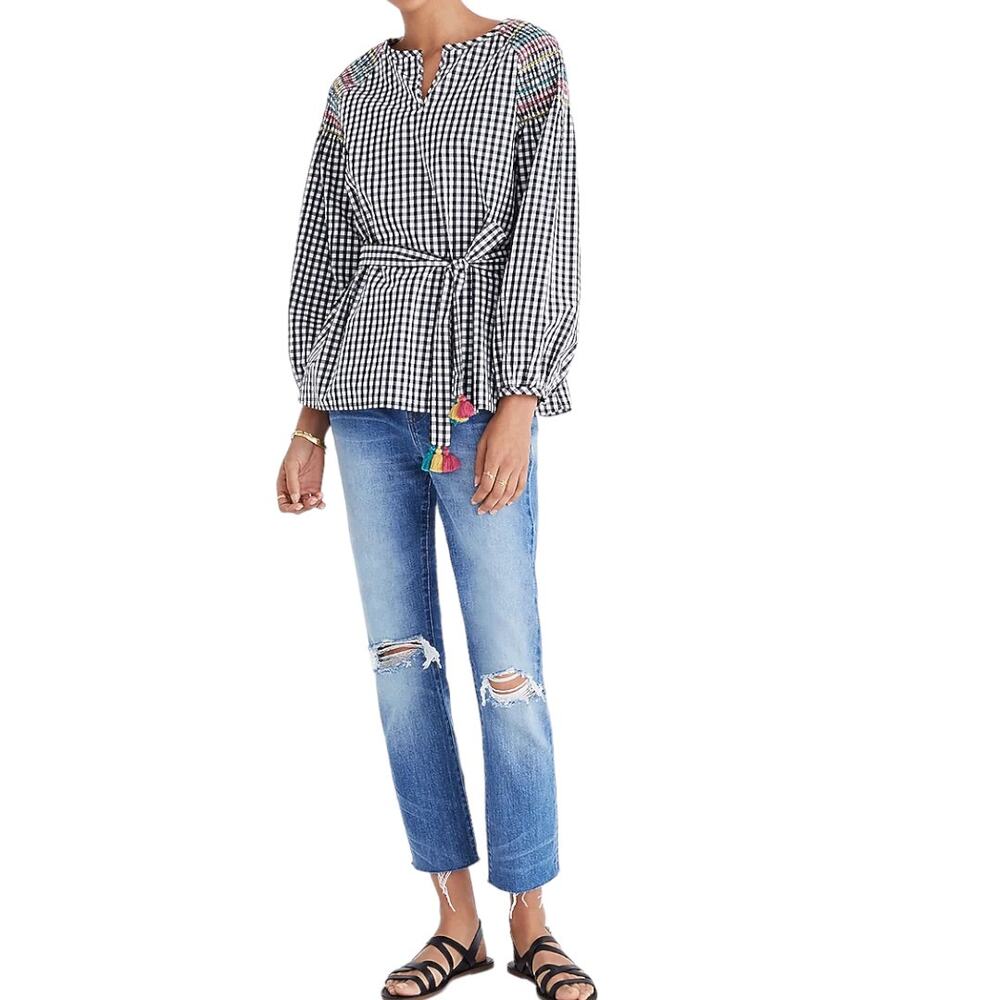 Madewell Smocked Gingham Long Sleeve Blouse Small Black White Pink